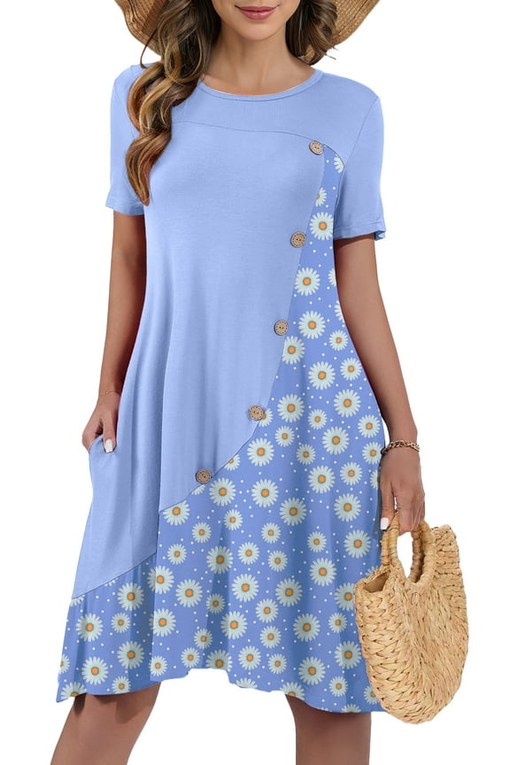 Women's Summer Short Sleeve Casual Dress Patchwork Design Dress with Pockets