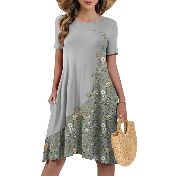 JuneFish Women's Summer Short Sleeve Casual Dress Patchwork Design Dress with Pockets