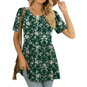 JuneFish Women's Summer Short Sleeve Tunic Tops Pleated Casual V-Neck Blouse