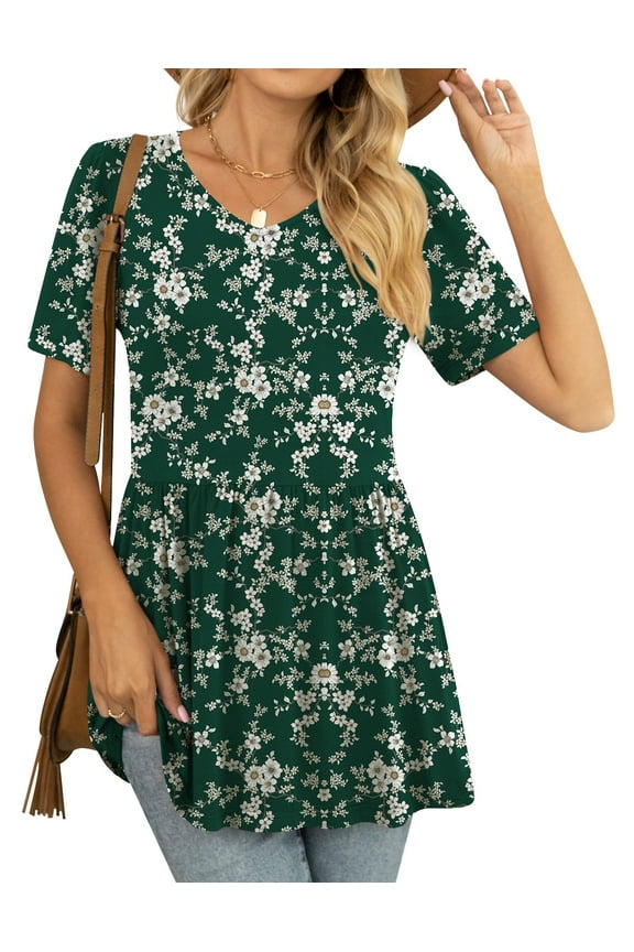 Women's Summer Short Sleeve Tunic Tops Pleated Casual V-Neck Blouse