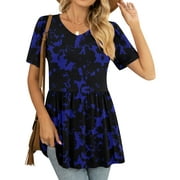 JuneFish Women's Summer Short Sleeve Tunic Tops Pleated Casual V-Neck Blouse