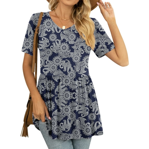 JuneFish Women's Summer Short Sleeve Tunic Tops Pleated Casual V-Neck Blouse