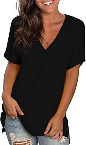 JuneFish Women's Summer Short Sleeve V-Neck T-Shirt Side Split Casual ...