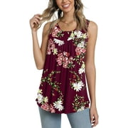 JuneFish Women's Tank Tops Summer Sleeveless Tunic Pleated Floral Print Casual Blouse