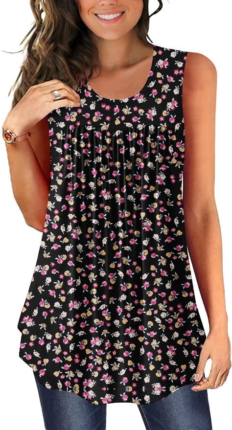 JuneFish Women's Tank Tops Summer Sleeveless Tunic Pleated Floral Print ...