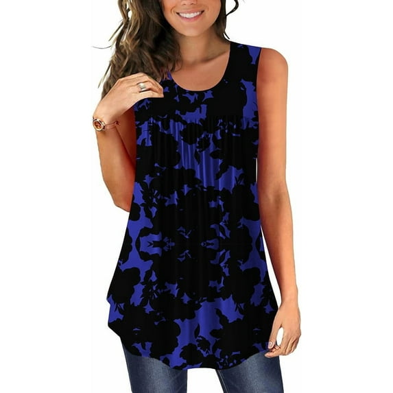 JuneFish Women's Tank Tops Summer Sleeveless Tunic Pleated Floral Print Casual Blouse