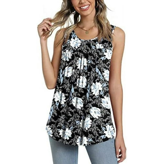 JuneFish Women's Tank Tops Summer Sleeveless Tunic Pleated Floral Print Casual Blouse
