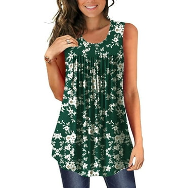 JuneFish Women's Tank Tops Summer Sleeveless Tunic Pleated Floral Print Casual Blouse