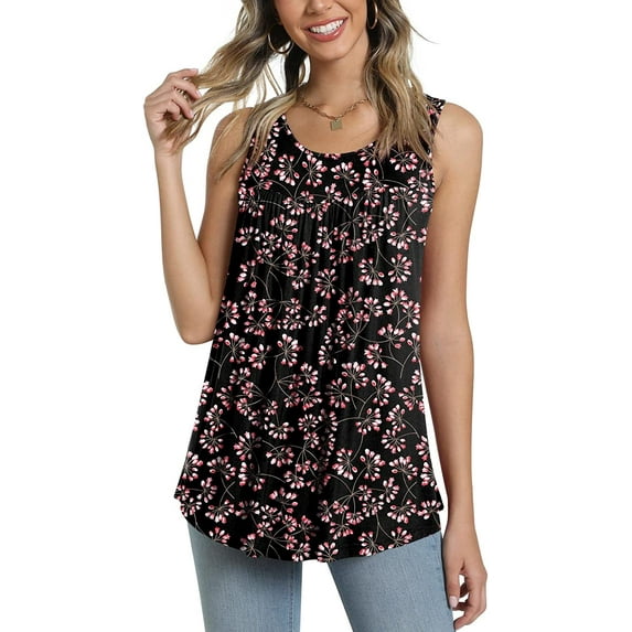 JuneFish Women's Tank Tops Summer Sleeveless Tunic Pleated Floral Print Casual Blouse