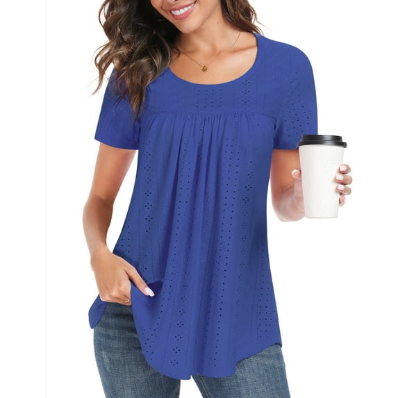 JuneFish Women's Tops Summer Sleeve Shirts Eyelet T Shirt Hollow Casual Blouse