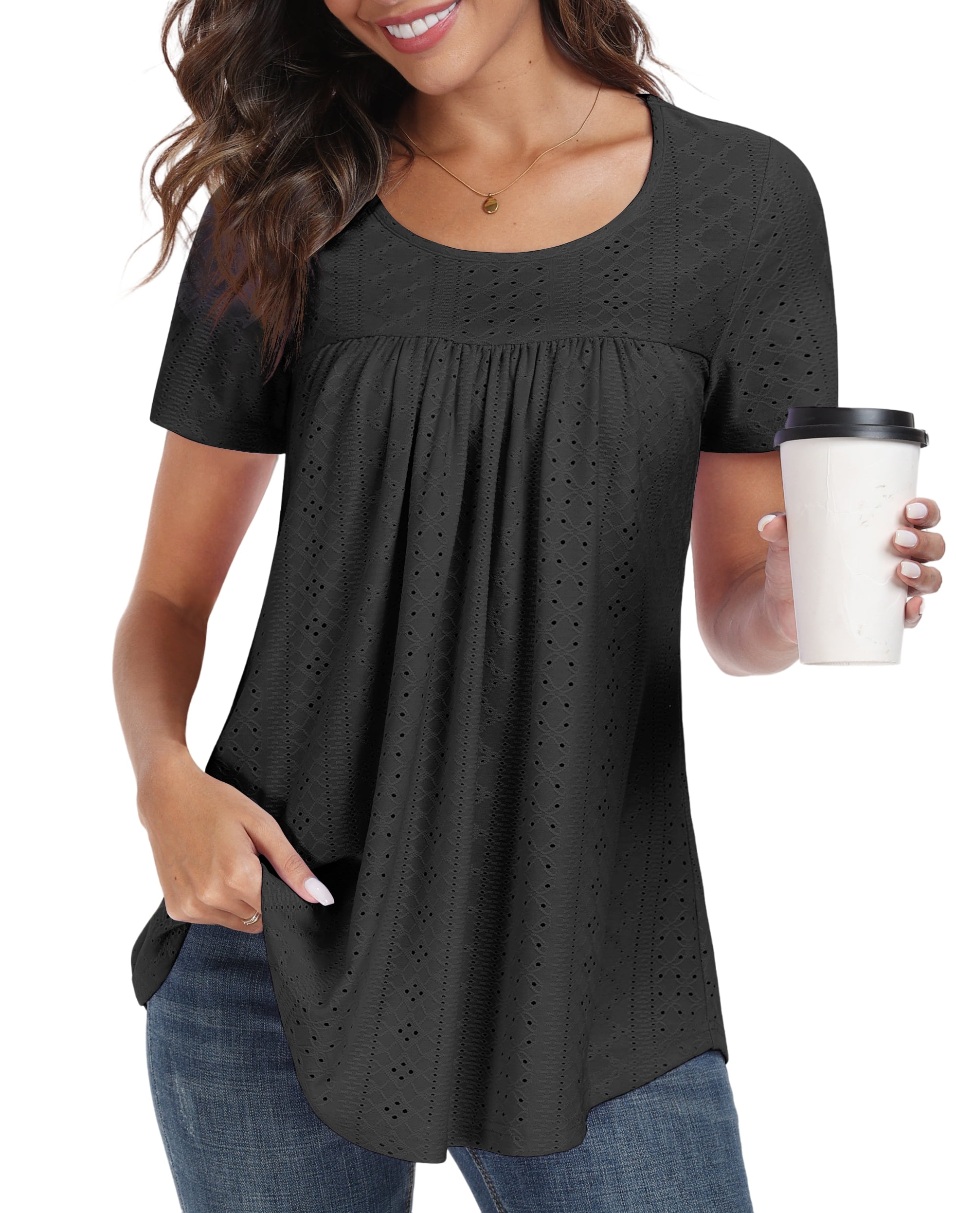 junefish women's summer pleated short sleeve tunic tops flare blouse
