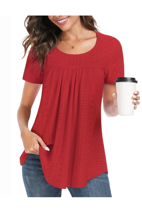 Women's Tops Summer Sleeve Shirts Eyelet T Shirt Hollow Casual Blouse