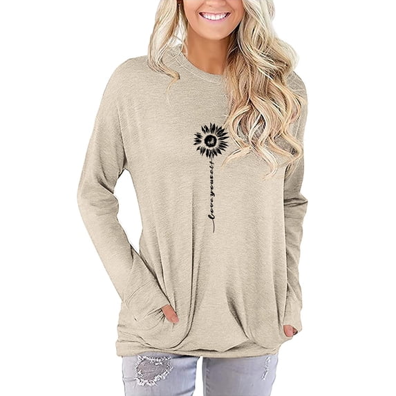 JuneFish Womens Casual T Shirts Long Sleeve Blouses Tunic Tops with Pockets (SunFlower)