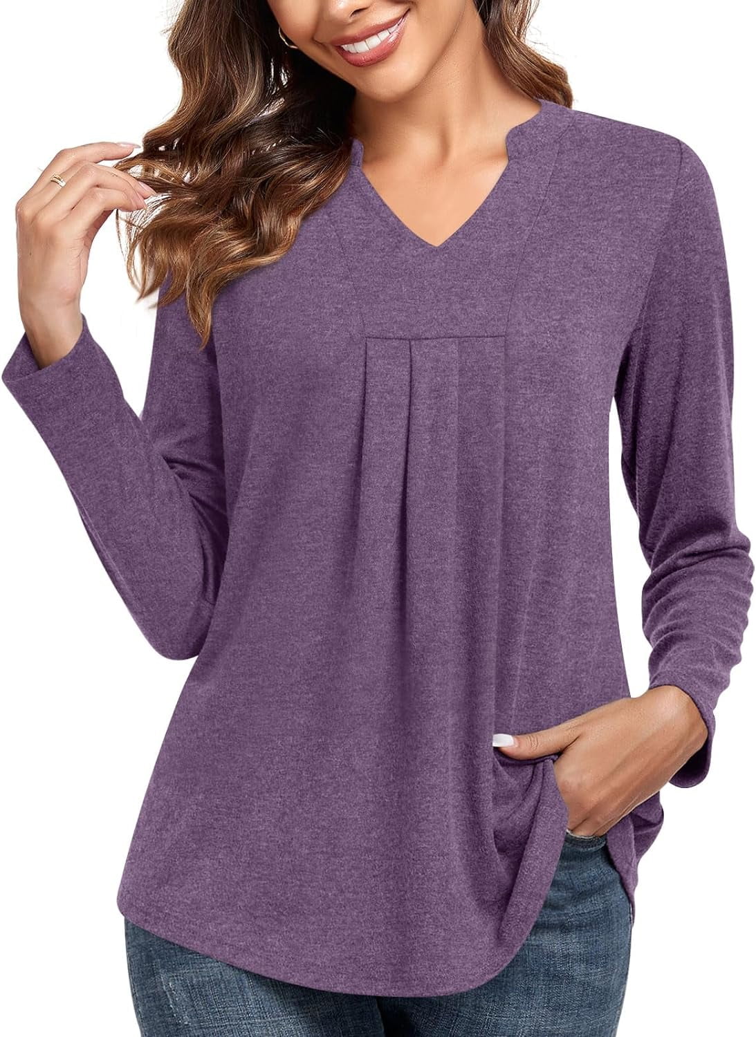 Womens Fall Long Sleeve Tunic Tops Notch V Neck Shirt Casual Pleated Basic Pullover