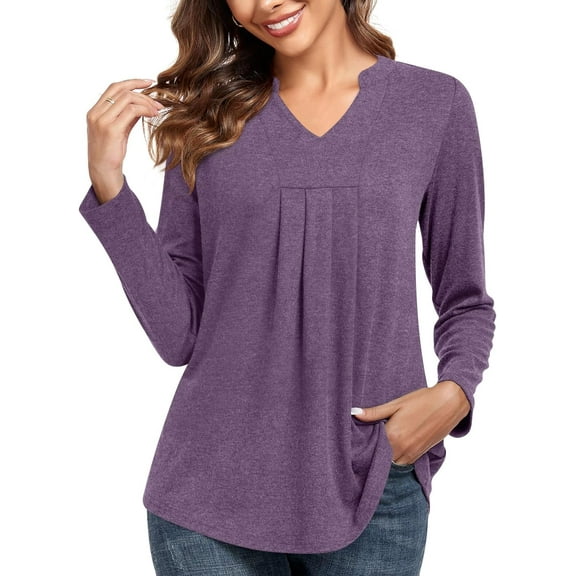 JuneFish Womens Fall Long Sleeve Tunic Tops Notch V Neck Shirt Casual Pleated Basic Pullover