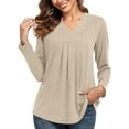 thumbnail image 1 of JuneFish Womens Fall Long Sleeve Tunic Tops Notch V Neck Shirt Casual Pleated Basic Pullover, 1 of 5