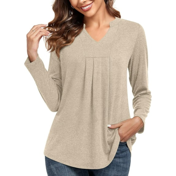 JuneFish Womens Fall Long Sleeve Tunic Tops Notch V Neck Shirt Casual Pleated Basic Pullover