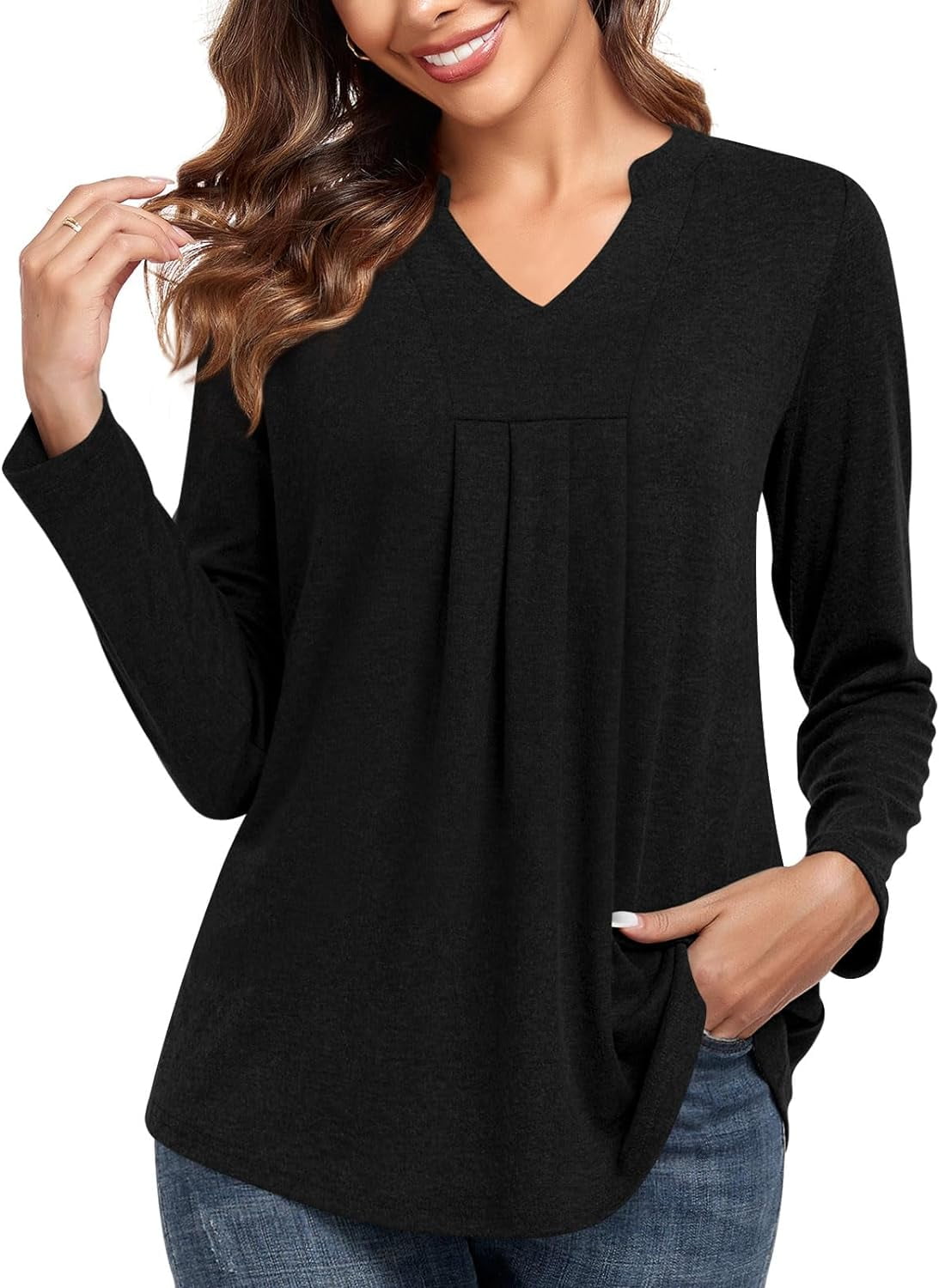 Womens Fall Long Sleeve Tunic Tops Notch V Neck Shirt Casual Pleated Basic Pullover