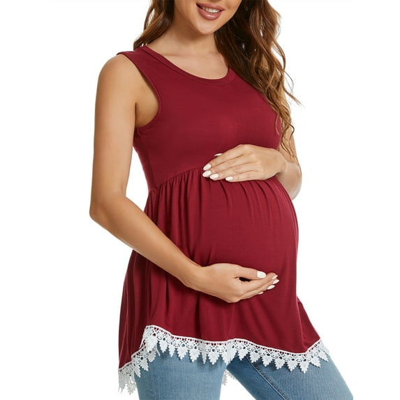 JuneFish Womens Maternity Tank Top Sleeveless Lace Crochet Trim Peplum Cami Shirts