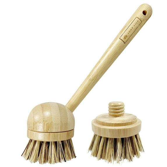 JuneLily Long Coconut Dish Brush Eco-Friendly Plant-Based Vegan for Kitchen Bathroom Cleaning Produce Washing Dishes (Long Dish Brush & Sisal Brush Head)