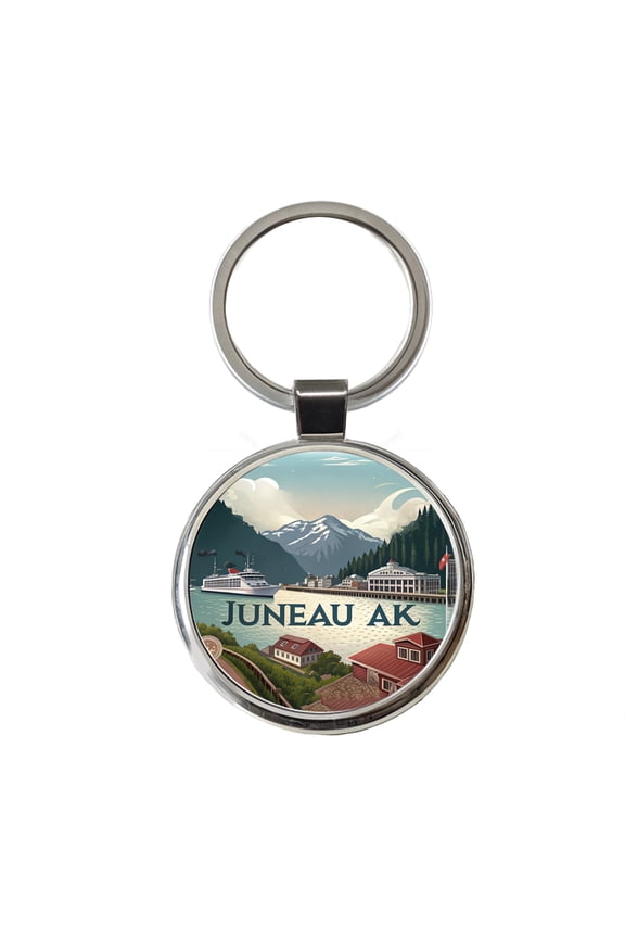 Juneau, Alaska AK Travel City State Stamp Metal Round Keychain