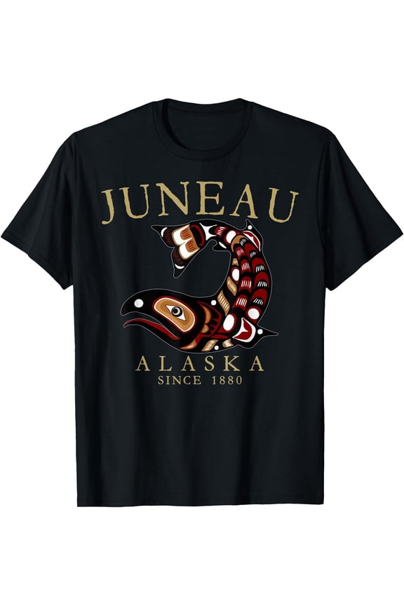 Juneau Alaska Tribal Art Salmon Since 1880 Tan Letters T-Shirt