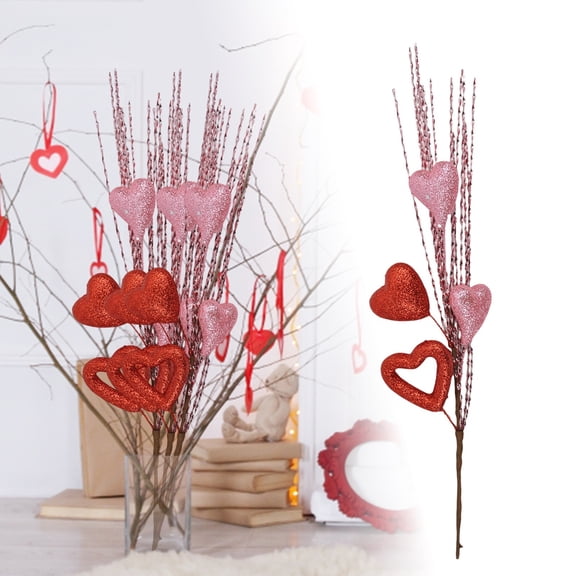 Junepar 17" Valentines Day Decorations Artificial Flowers Glitter Berry Stems Heart Shaped Berry Picks for Wedding Propose Anniversary Vase DIY Home Decor