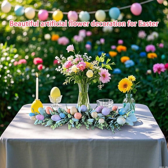 Junepar 23.6" Easter Table Decorations Spring Easter Tabletop Floral Centerpiece Artificial Colorful Easter Egg Eucalyptus Desktop Flower Ornaments for Home Decoration