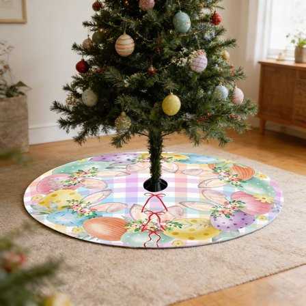 Junepar 48 Inch Watercolor Bunny Easter Tree Skirt Pastel Egg & Floral Polyester Tree Base Cover Lightweight Decor for Easter Tree Party & Spring Home Decor