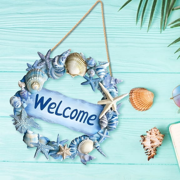Junepar 8" Summer Welcome Wooden Coastal Shell Wreath Beach Cabinet Decor Coastal Wreaths for Front Door Starfish & Seashells for Winter Porch Outdoor