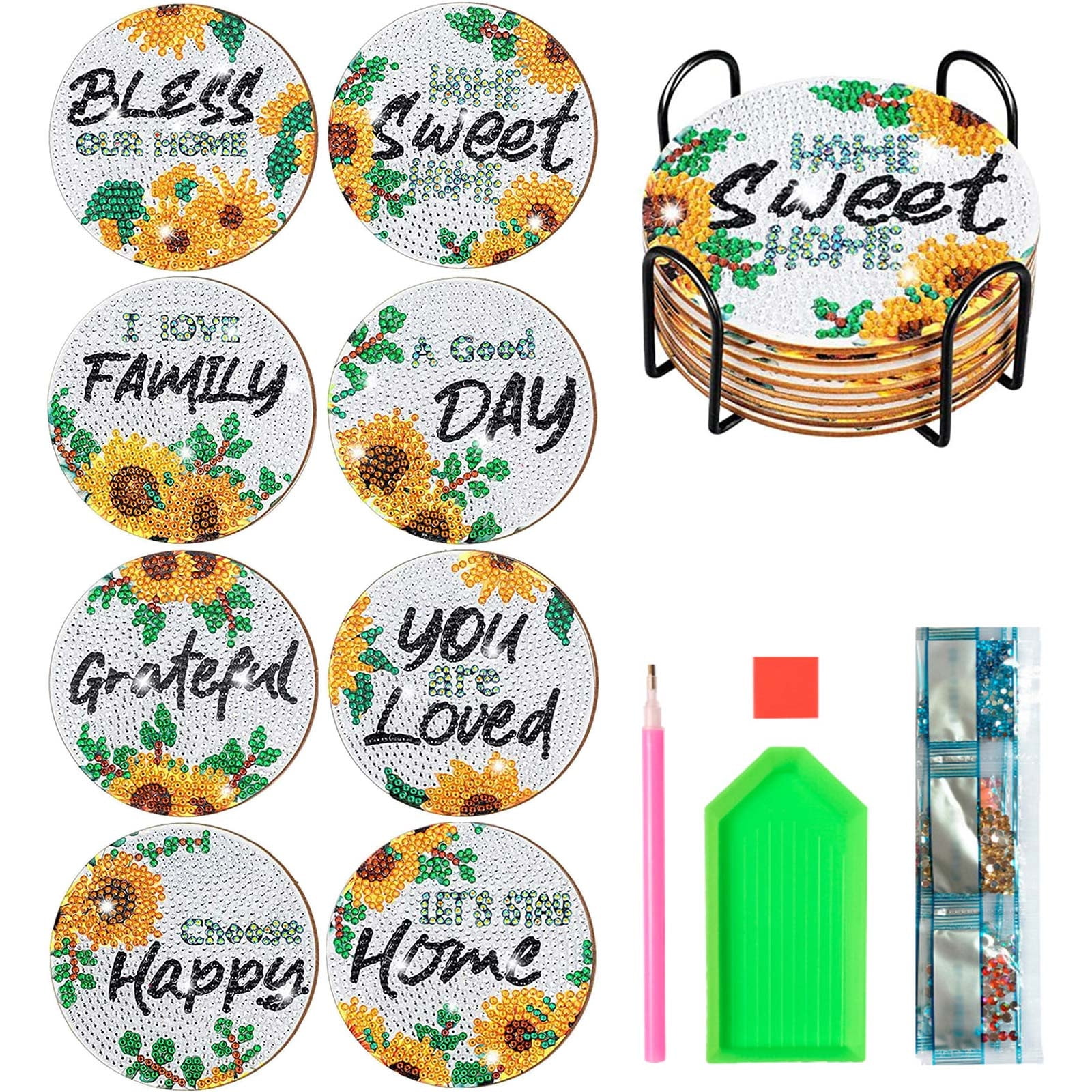 Junepar 3.9" 8Pcs Sunflower Diamond Painting Coasters Kit DIY 5D Diamond Art Cup Mat Set with Cork Backs & Tools for Adults & Kids