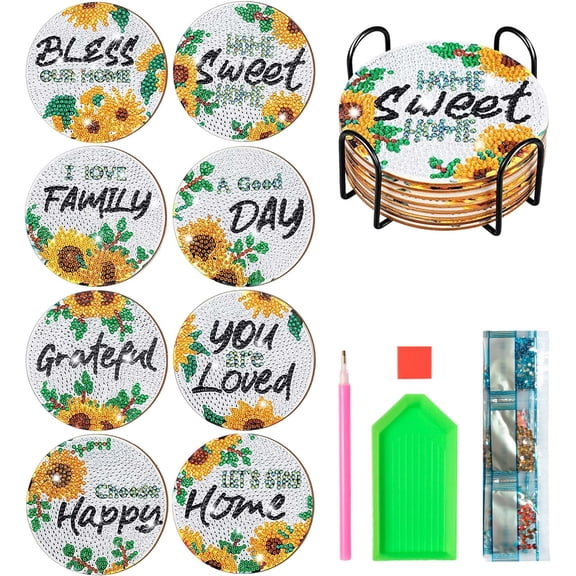 Junepar 3.9" 8Pcs Sunflower Diamond Painting Coasters Kit DIY 5D Diamond Art Cup Mat Set with Cork Backs & Tools for Adults & Kids