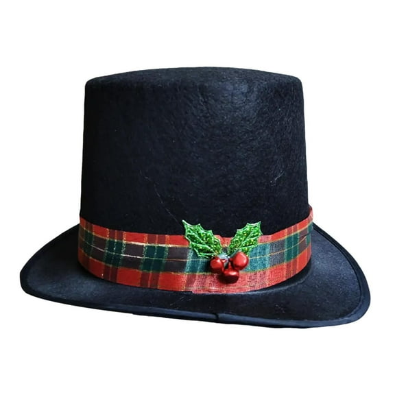 Junepar Black Christmas Hat Tree Topper - Christmas Tree Top Decorations - Dress Up with Plaid Red Ribbon and Mistletoe Holly and Berry - Non Woven Fabric Hat