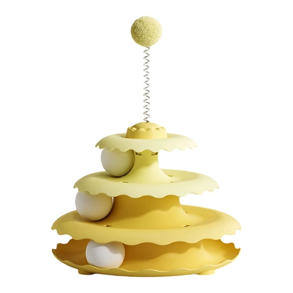 Junepar Cat Toys 3-Tier Roller Track Free-Playing Cat Tower Cat Interactive Cat Toy with Rotating Balls Plush Ball and Extra Parts Self Entertainment for Indoor Cats Yellow