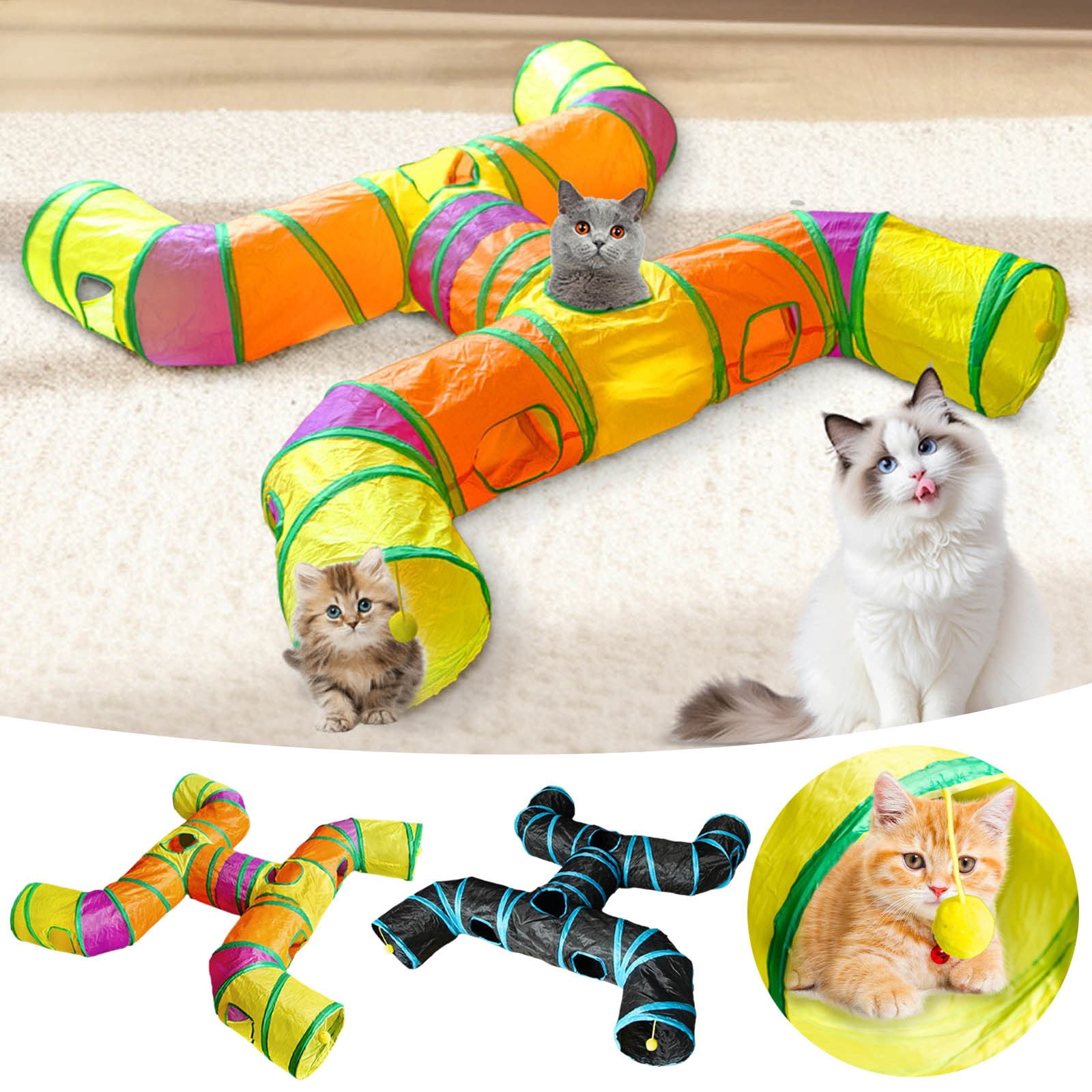 Junepar Cat Tunnel H-Way Cat Tunnels for Indoor Cats Collapsible Cat Play Tunnel Interactive Toy Maze Cat House for Cats Puppy Kitty Kitten Rabbit (Multicolor)