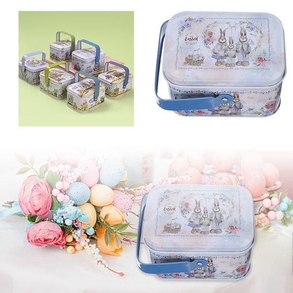 Junepar Desktop Ornament 2.4" Easter Candy Storage Tin Metal Bunny Box with Handle & Lid Portable Tinplate Container for Cookies Chocolates Easter Eggs & Spring Party Favors