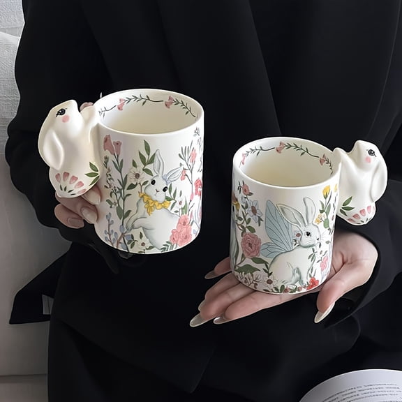 Junepar Easter Bunny Coffee Cups with Figural Rabbit Handle Spring Flowers Cute 3D Rabbit Cups 10.8oz Ceramic Coffee Mugs Birthday & Holiday Gift for Women