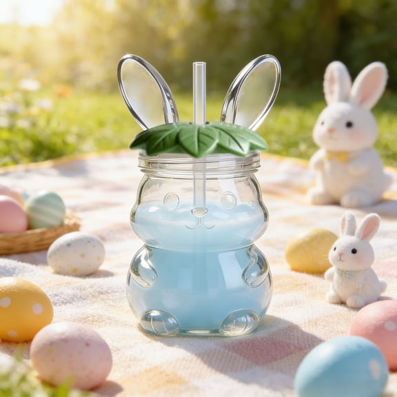 Junepar Easter Bunny Glass Cup Rabbit Straw Cup Glass Cups with Green Lids & Straws Cute Bunny Mugs Coffee Drinks Glassware for Easter Gifts 13.5oz