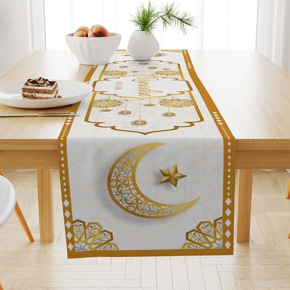 Junepar Farmhouse Ramadan Table Runner Golden Moon Star Linen Table Banner for Eid Party & Dining Table Decor