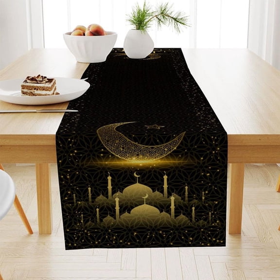 Junepar Farmhouse Ramadan Table Runner Golden Moon Star Linen Table Banner for Eid Party & Dining Table Decor