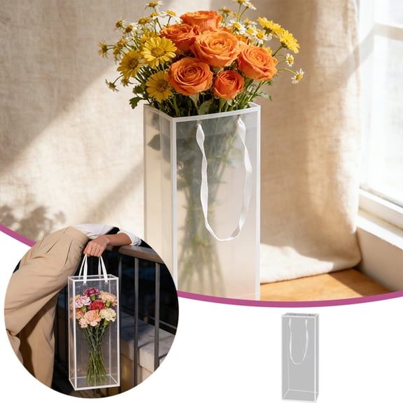 Junepar Floral Bags Valentine's Day Large Clear Flower Bouquet Bag Bulk with Handle Transparent Florist Gift Packaging for Birthday Wedding Mother's Day 5"