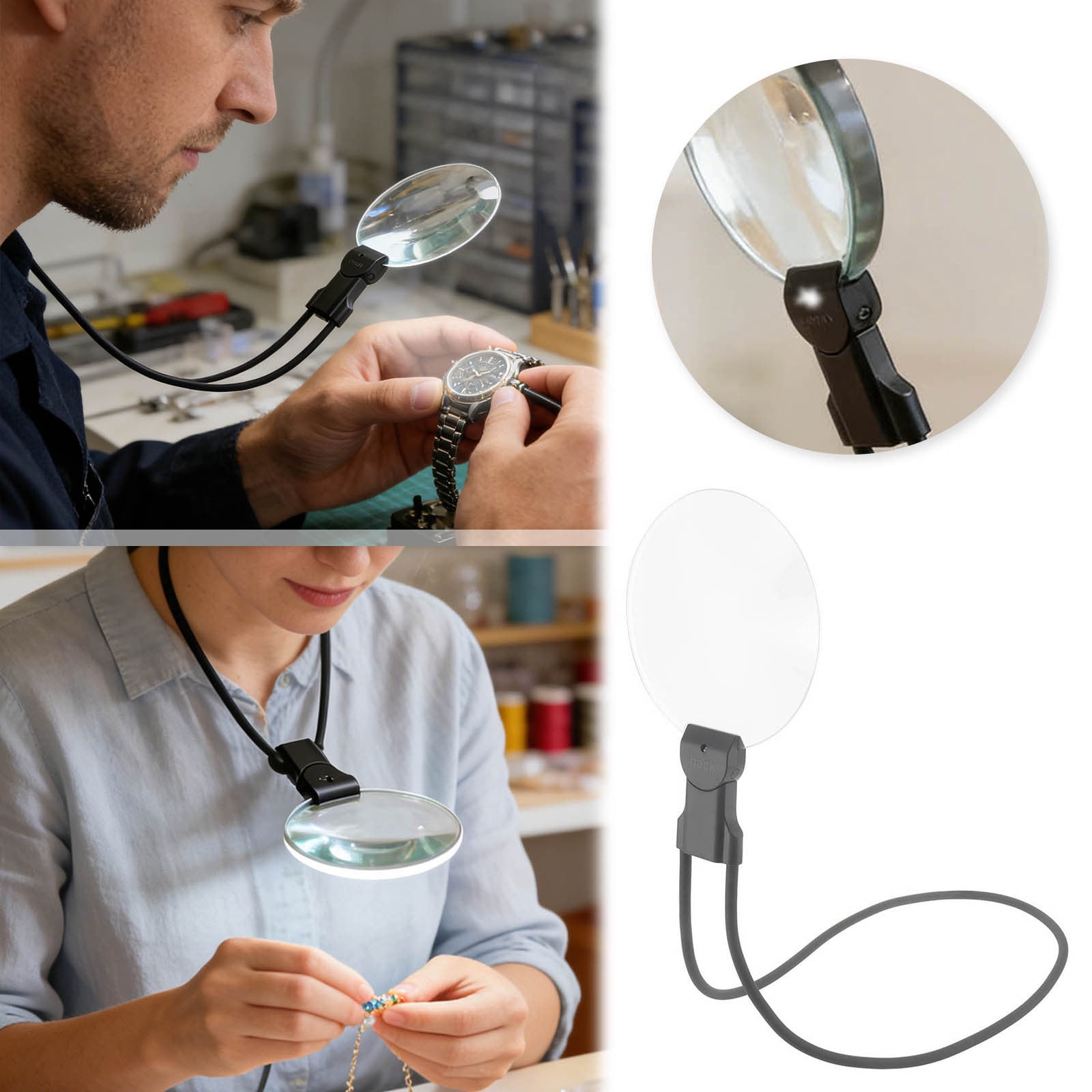 Junepar Neck Magnifier with LED Light, Hands-Free Rechargeable Magnifying Glass, Flexible Neck Hanging Magnifier for Craft Needlework Sewing Embroidery Reading Low Vision Seniors