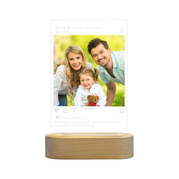 Junepar Personalizable Custom Acrylic Plaque with Photo Picture Text Customized Acrylic Wooden Picture Desktop Ornament with LED Night Light Unique Gifts