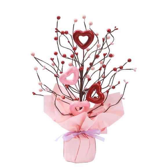 Junepar Pink Valentine Tree with Pink & Red Heart Valentine's Day Table Decorations for Home Artificial Trees Mantel Tabletop Centerpiece Decor