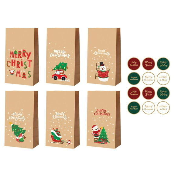 Junepar Set of 12 Christmas Gift Bags - Flat Bottom Paper Bags with Xmas Tree ,Santa Claus, Elk Prints Design - 5x3x9 inch Holiday Candy Goody Paper Bags