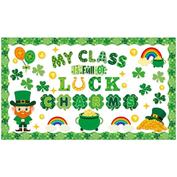 Junepar St. Patrick's Day Bulletin Board Set Decoration Shamrock Green Borders Irish Clover Unicorn Paper Cutouts for Chalkboard Wall Door St. Patrick's Day Party Supplies