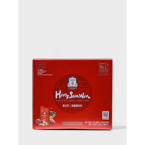 JungKwanJang Hong Sam Won Korean Red Ginseng Drink, Caffeine-Free, 180mg Panax Ginseng, 20 Count