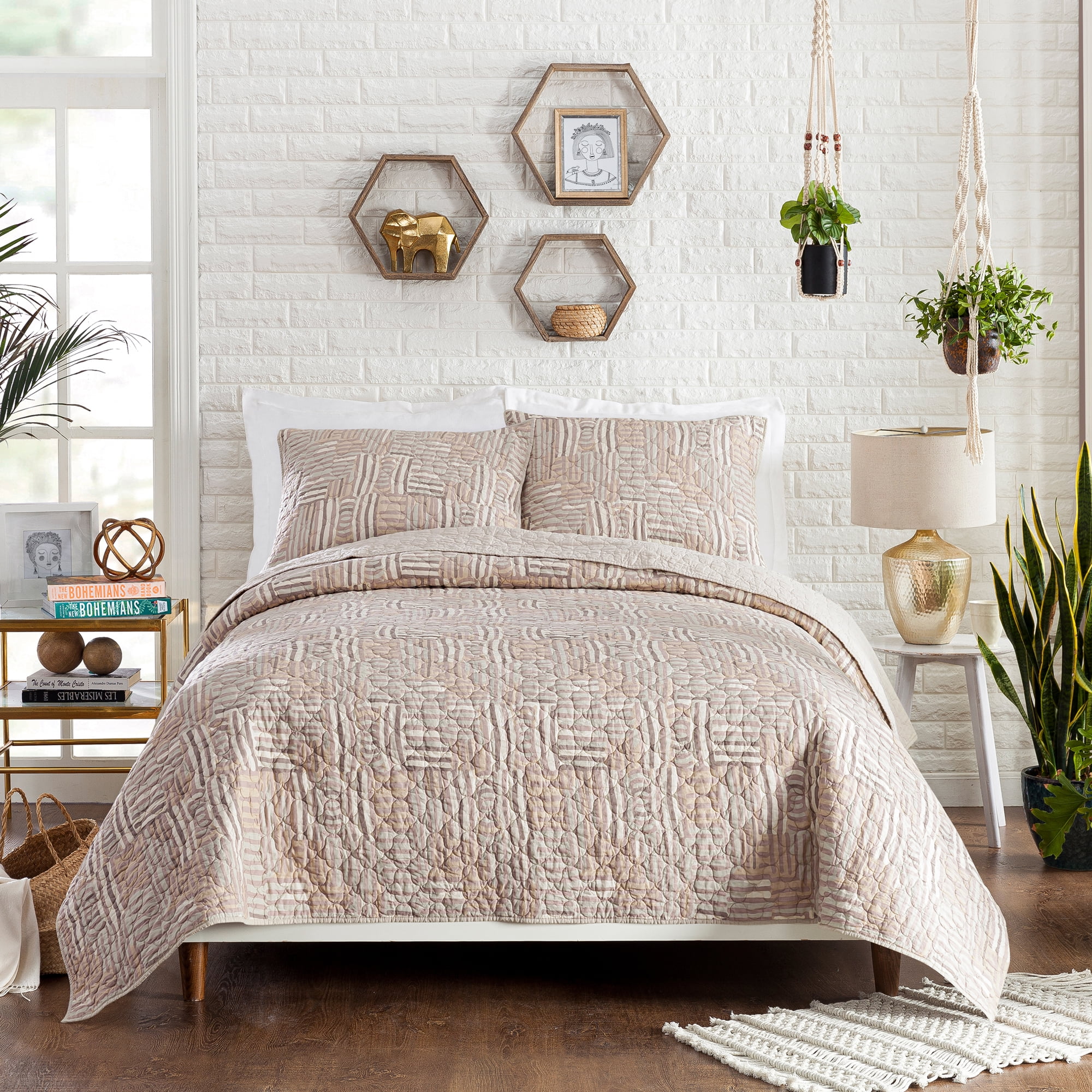 Gray and Taupe Cotton King Quilt Set with Reversible Shams