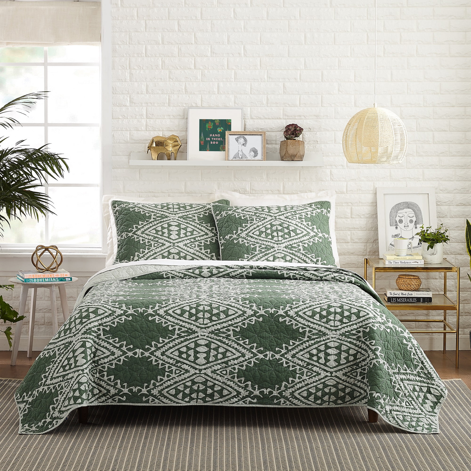 Full Gray Cotton Reversible Quilt Set with Trim