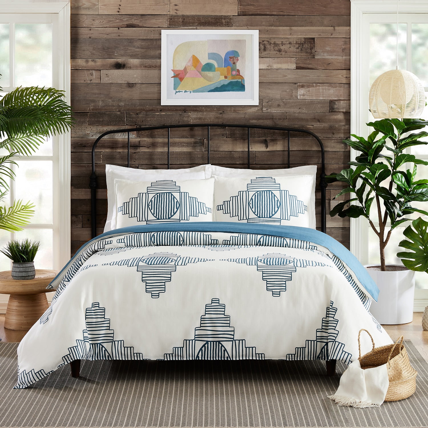 Queen White and Blue Cotton Duvet Cover Set
